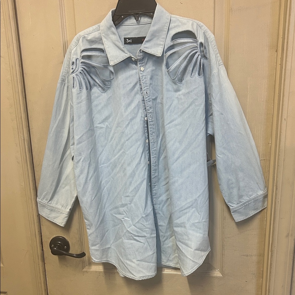 3x1 Sky Blue Women's Button Down Shirt with Floral Cut-Outs